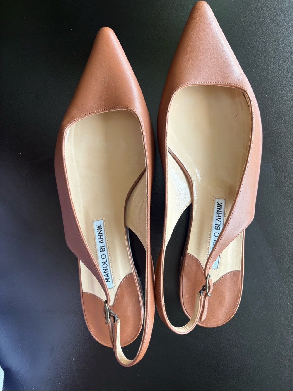 Manolo Blahnik Brown Leather Pointed Slingback Flats - Picture 2 of 5